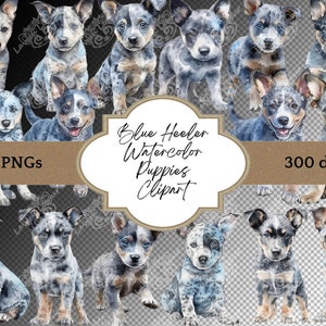 Blue Heeler Puppy Watercolor Dog Clipart for Junk Journal and Scrapbooking PNG Graphic Instant Digital Download Fussy Cut Commercial Use