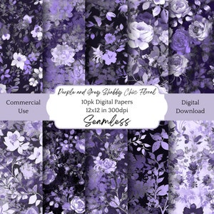 Purple Grey Shabby Chic Floral Instant Digital Download Tiled Seamless Pattern Craft Paper Junk Journal Scrapbook Decoupage Commercial Use
