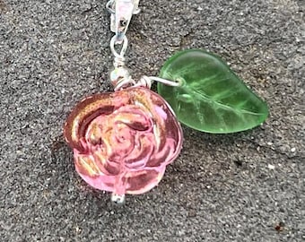 Lampwork Glass Rose and Leaf Pendant with 925 Sterling Silver Plated Necklace