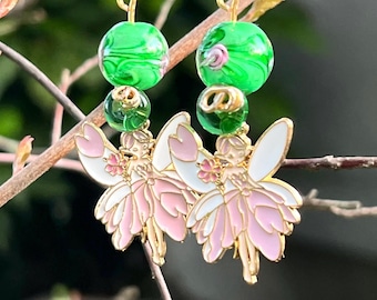 Fairy Charm and Lampwork Glass Earrings, Gold Plated Wires