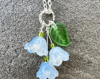 Forget Me Not Necklace with Czech Beads, Glass Leaf and Silver Plated Chain