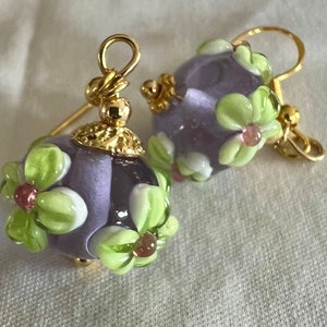 Lampwork Bead Earrings, Purple Flowered Glass Earrings