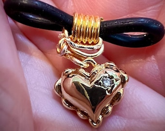Heart Shaped Glasses Charm, Gold with Zirconia Accent