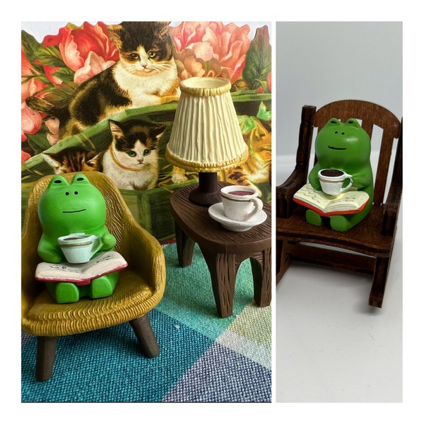 Frog Sitting in Rocking Chair, Cat in chair, Bedside Buddy, Desk Friend, Miniature Frog Decor, Micro Landscape, Frog Drinking coffee