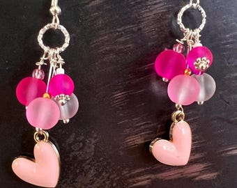 Pink Heart Dangle Earrings: Sterling Silver Hypoallergenic , Enamel Charm, Glass Cluster