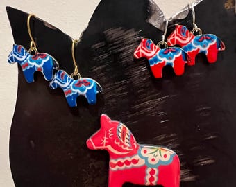 Dala Horse Earrings: Swedish Decarlian Style, Sterling Silver