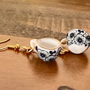 Miniature Ceramic Teacup Earrings: Blue Floral, Silver Plated