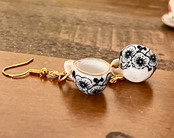 Cozy Miniature Ceramic Teacup Earrings: Blue Floral, Silver Plated