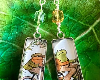 Frog and Toad Sterling Silver Crystal accented Dangle Earrings, Asymmetrical Earrings