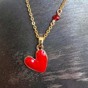 Enamel Red Heart Pendant Necklace - Gold Plated Chain