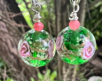 Lampwork Green Glow in the Dark Earrings: Sterling Silver Plated