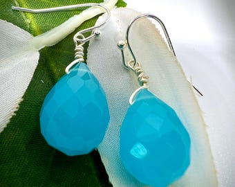 Sky Blue Chalcedony Faceted Drop Earrings: Gold or Sterling Silver