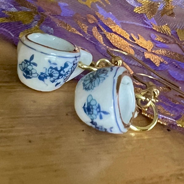 Ceramic Tea Cup Earrings, Mothers Day Tea Cup Earrings gift ready with Floral Organza bag, Miniature Side Hanging Tea Cups