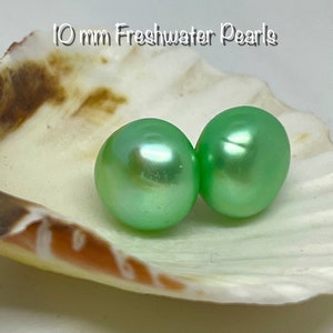 10 mm Green or Cream Colored Pearl Earrings| Freshwater, Natural Pearl, 10 mm Pearl Studs-Sterling Silver Posts - Hypoallergenic Earrings