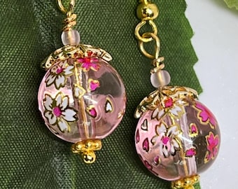 Pink White Floral Bead Earrings: Sterling Silver Plated