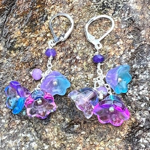 Lavender Glass Flower Cascade Earrings with Gemstone Accents, Amethyst, Silver Plated