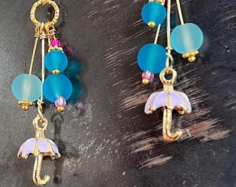 Raindrop Umbrella Earrings: Sterling Silver, Glass Bead Spring Rainfall Jewelry