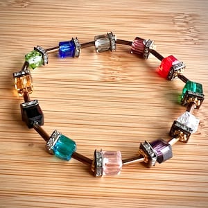 Geometric Austrian Crystal Bracelet: Colorful Square Bead Stretch Bracelet
