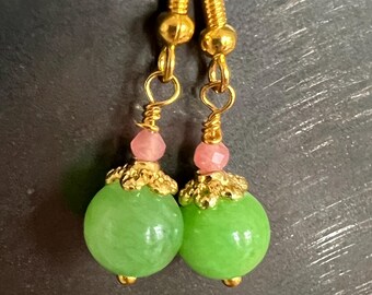 Green Chalcedony, Rhodochrosite Gemstone Earrings: Sterling Silver with Green and Pink Gemstones