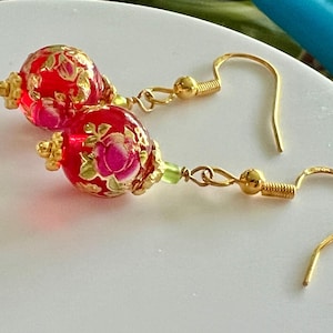 Handmade Red Floral Tensha Bead Earrings: 925 Sterling Silver