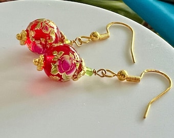 Ruby Red Floral Tensha Bead Earrings: Sterling Silver Wires