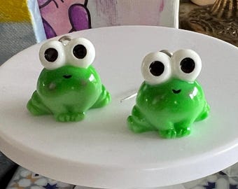 3D Frog Dangle Earrings: Resin Figurine, Sterling Silver Wires