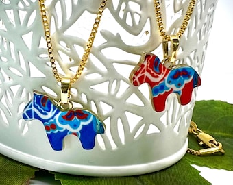 Swedish Dalahorse Necklace: Red and Blue Horse Pendant, 18K Gold Plated