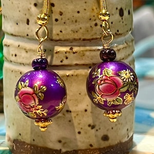 Purple Tensha Bead Earrings, Purple Floral Bead Earrings, Purple and Gold Delicate Earrings, Japanese Tensha Bead Earrings
