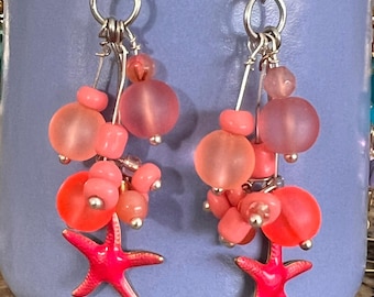 Starfish Coral Cluster Earrings: Salmon Beachy Jewelry