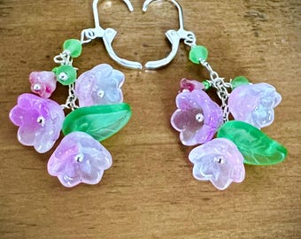 Pink Glass Flower Leaf Earrings, 925 Silver Plated Wires