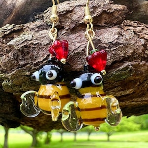 Bee Earrings, Glass Bumblee earrings with Sterling silver wires