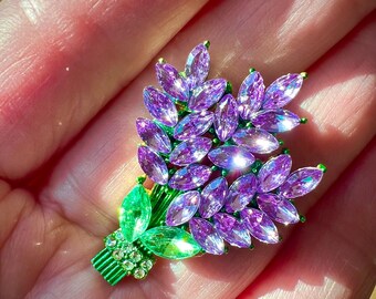 Lavender Bouquet Spring Brooch, Purple Rhinestone Spring Bling pin