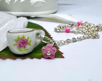 Pink Flower Teacup Necklace, Ceramic Teacup pendant on a Silver plated Chain