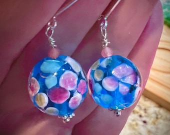 Cobalt Blue Lampwork Floral Earrings: Sterling Silver Plated, Raspberry Quartz Accent
