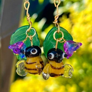 Handmade Bumblebee Earrings: Glass Flower Dangle, Sterling Silver