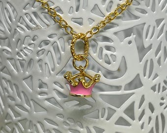 Pink Crown Charm Necklace: 18K Gold Plated Pendant