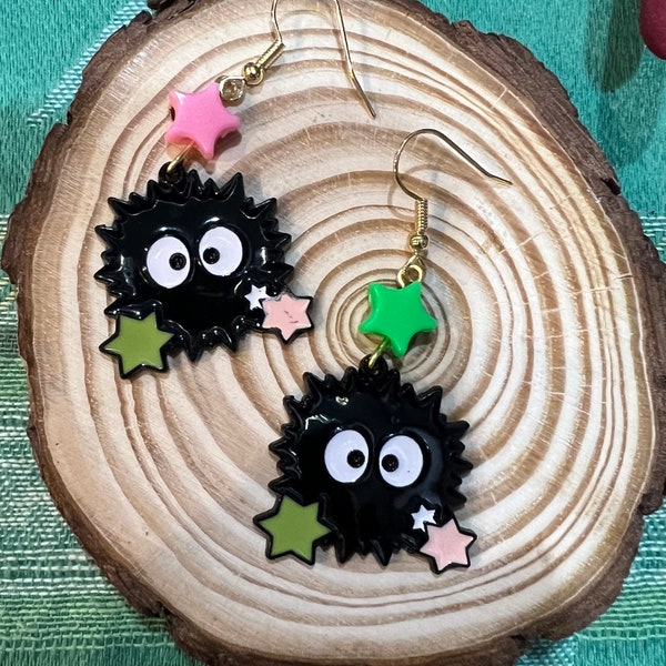 Soot Sprite Earrings, Green and Pink Star Earrings, Spirited Away, Studio Ghibli