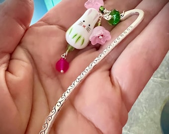 Ceramic Bunny Flower Charm Bookmark, Silver Spring Reader Gift