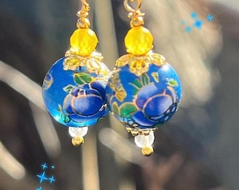 Sky Blue Japanese Tensha Bead Gemstone Earrings: Gold Plated Wires