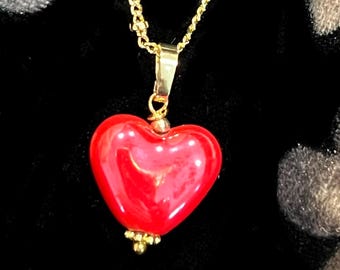 Red Ceramic Heart Pendant Necklace - Valentines Gift - 18K Gold or Sterling Silver Plated