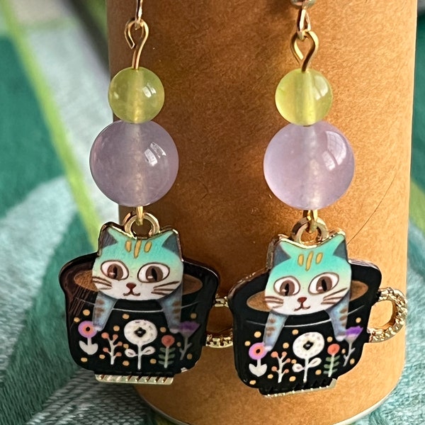 Cat Earrings, Everyday Earrings/Teacup Earrings/dangle Earrings, Gemstone Earrings/Cute Cat Earrings