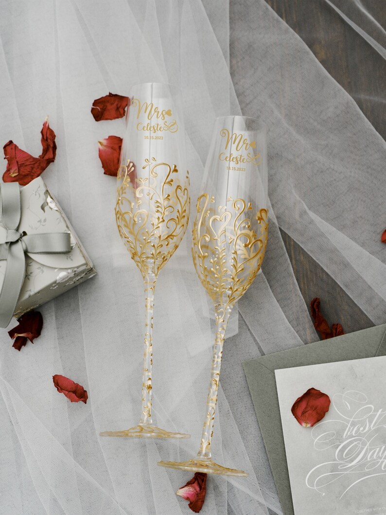 Elegant Gold Wedding Champagne Flutes and Cake Knife Set for Etsy