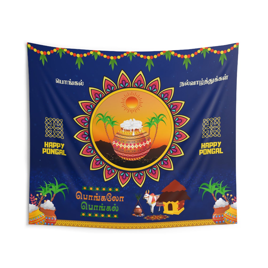 Indoor Wall Tapestries Happy Pongal Backdrop Tamil 8.6 Feet L X 7.3