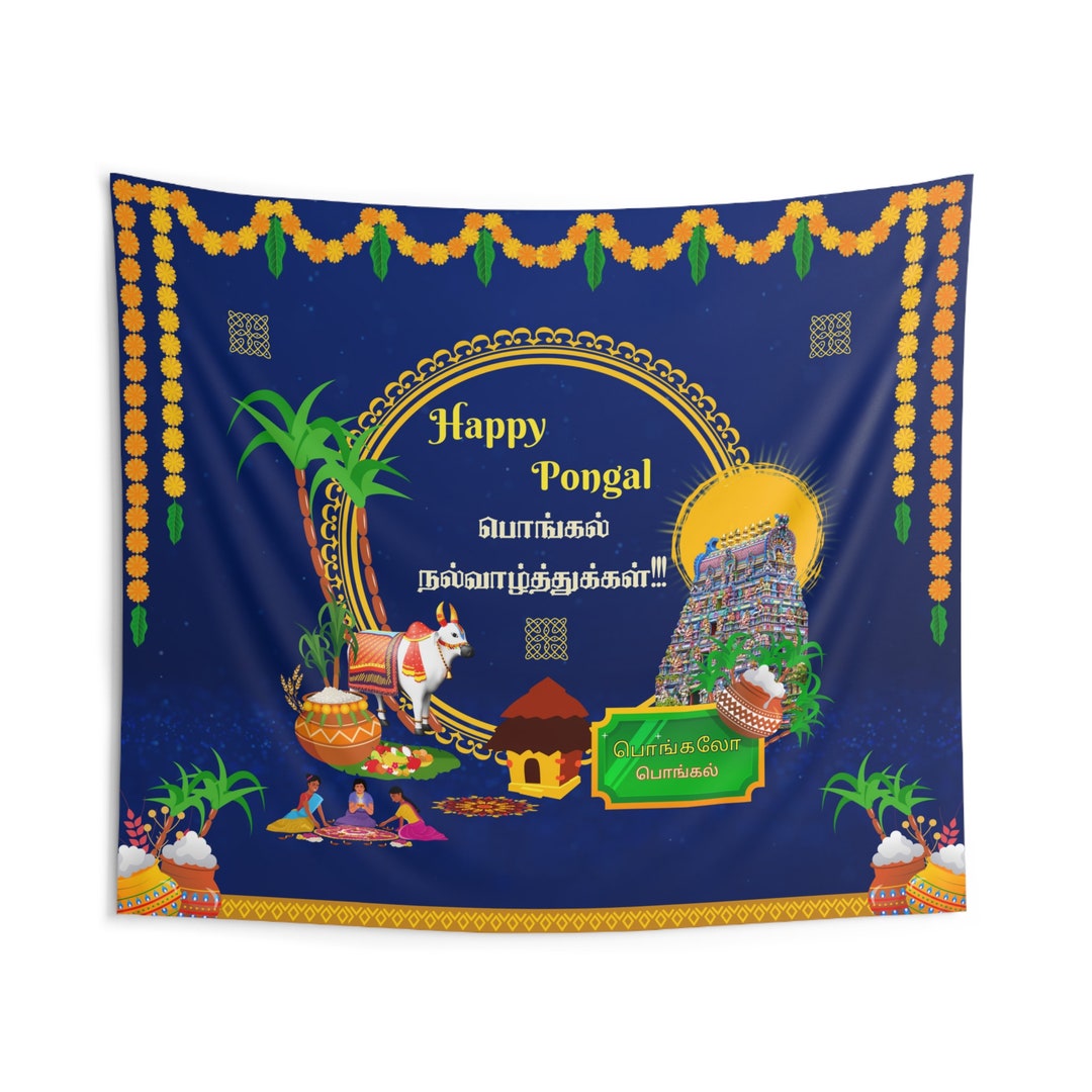Indoor Wall Tapestries Happy Pongal Tamil Backdrop 8.6 Feet L X 7.3