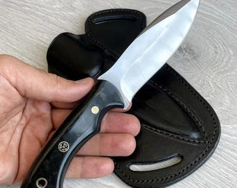 Handmade D2 Steel Hunting Knife – Ram Horn Handle, Leather Sheath