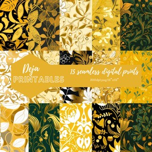 May include: A set of 15 digital printable patterns featuring gold and green floral designs. The patterns are seamless and perfect for crafting projects, scrapbooking, and more.  The text "Deja Printables" and "15 seamless digital prints 300dpi png 12" x 12" " is included in the image.