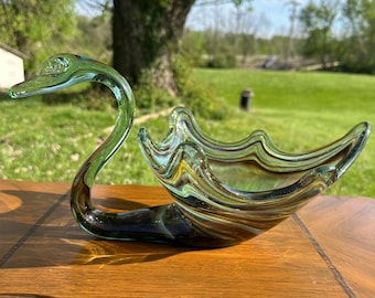 Vintage Murano Stil Kunst Glas Swan Schüssel Grün Braun mundgeblasen Mitte des Jahrhunderts moderne Centerpiece-Gericht
