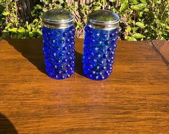 Vintage Cobalt Blue Hobnail Glass Salt & Pepper Shakers Set Silver Lids MCM Kitchen Decor Retro Farmhouse