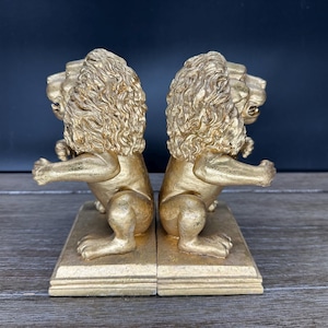 Rare 2 Bookends 7&quot; Gold Color Lions Home Decor Heavy Foo Lions Metal Cast