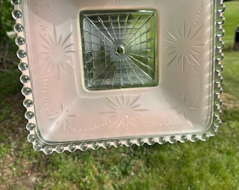 Lámpara de techo de cristal satinado Art Deco de la década de 1940 de Harmony House, con borde de cuentas en forma de estrella atómica rosa, estilo mediados de siglo, de SEARS Vintage Lig